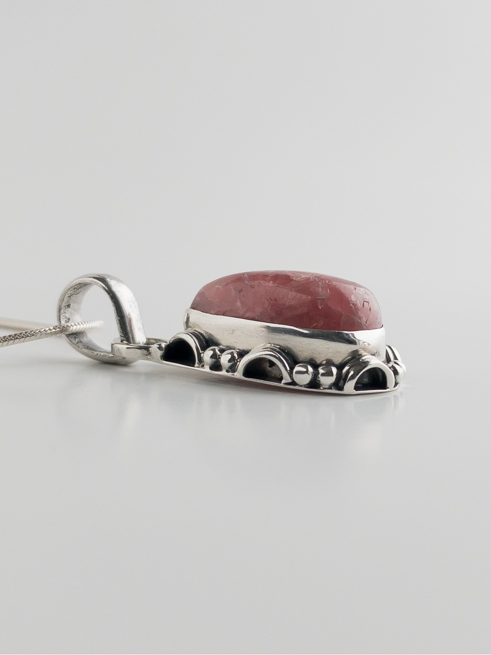 Vintage Sterling Silver Rhodochrosite Teardrop Pendant Necklace 925 Pink - Picture 7 of 11